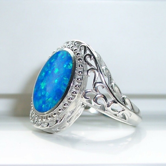 925 STERLING SILVER Lab Created Blue Fire Opal Ring - Picture 2 of 15